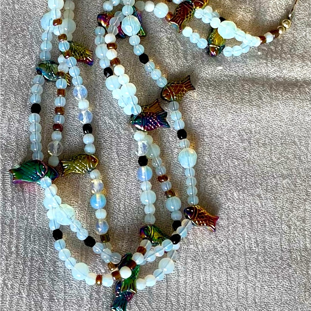 Three strand sea opal and iridescent fish beaded necklace